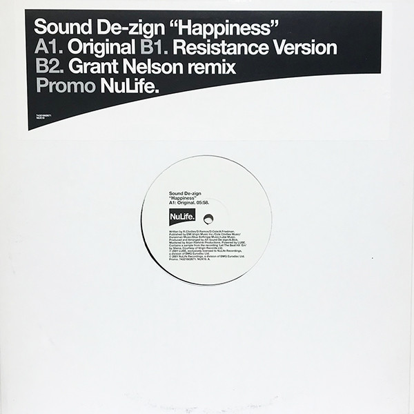 Happiness by Sound De-Zign - 12", Promo, UK. 2001. Electronic/Trance, UK Garage Near Mint (NM or M-) Very Good Plus (VG+) vinyl Nottingham.