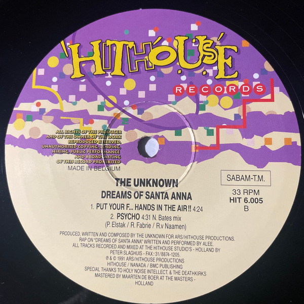 Dreams Of Santa Anna by The Unknown (2) - 12", Belgium. 1991. Electronic/Breakbeat, Hardcore, Techno Very Good Plus (VG+) Very Good (VG) - vinyl For Sale in Nottingham. - 4