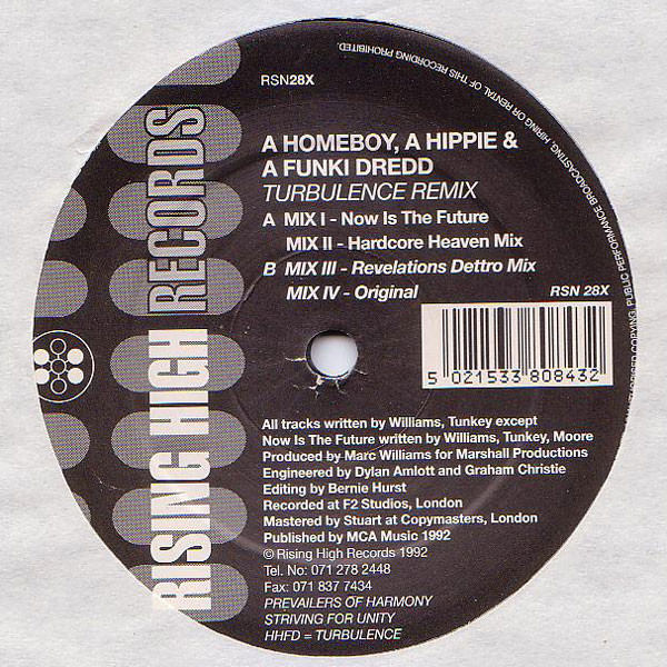 Turbulence Remix by A Homeboy, A Hippie & A Funki Dredd - 12", UK. 1992. Electronic/Breakbeat, Techno, Hardcore Very Good Plus (VG+) Very Good (VG) vinyl Nottingham.
