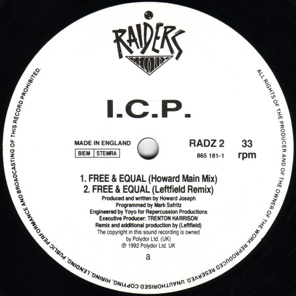 Free & Equal by I.C.P. - 12", UK. 1992. Electronic/Breakbeat, Trance, Techno Near Mint (NM or M-) Very Good Plus (VG+) - vinyl For Sale in Nottingham. - 2