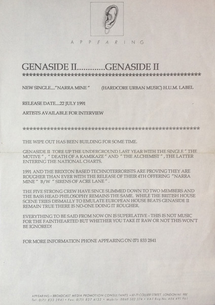 Narra Mine by Genaside II - 12", UK. 1991. Electronic/Breakbeat, Hardcore, Techno Very Good Plus (VG+) Very Good Plus (VG+) - vinyl For Sale in Nottingham. - 5