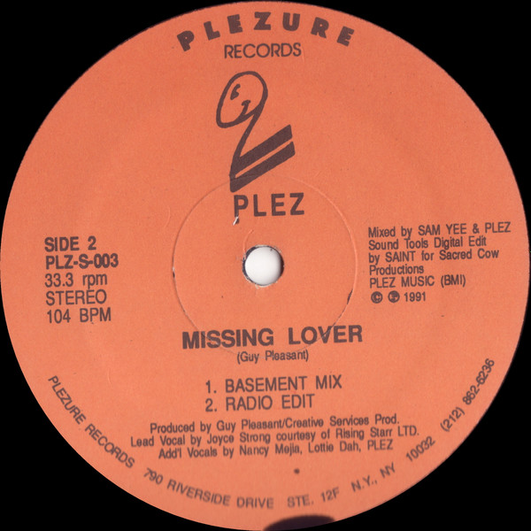 Thing For You / Missing Lover by Plez - 12", US. 1991. Electronic, Funk / Soul/Tribal, Deep House, Contemporary R&B Very Good Plus (VG+) Generic - vinyl For Sale in Nottingham. - 2