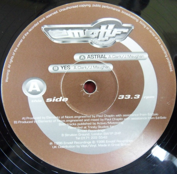 Astral / Yes by Elements Of Noise* - 12", UK. 1996. Electronic/Drum n Bass Very Good Plus (VG+) Very Good (VG) - vinyl For Sale in Nottingham. - 2