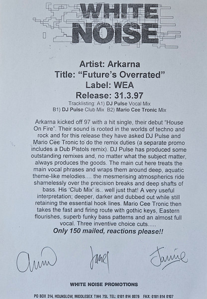 The Futures Overrated by Arkarna - 12", Promo, UK. 1997. Electronic/Breakbeat, Drum n Bass Near Mint (NM or M-) Very Good Plus (VG+) - vinyl For Sale in Nottingham. - 5