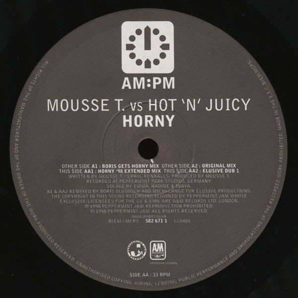 Horny (Boris Dlugosch Mixes) by Mousse T. Vs Hot 'N' Juicy - 12", UK. 1998. Electronic/House Very Good (VG) Very Good (VG) - vinyl For Sale in Nottingham. - 2