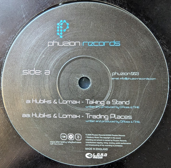 Taking A Stand / Trading Places by Kubiks & Lomax - 12", UK. 2006. Electronic/Drum n Bass Very Good Plus (VG+) Generic - vinyl For Sale in Nottingham. - 3