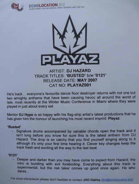 Busted / 0121 by DJ Hazard - 12", Promo, UK. 2007. Electronic/Drum n Bass Very Good Plus (VG+) Generic - vinyl For Sale in Nottingham. - 3
