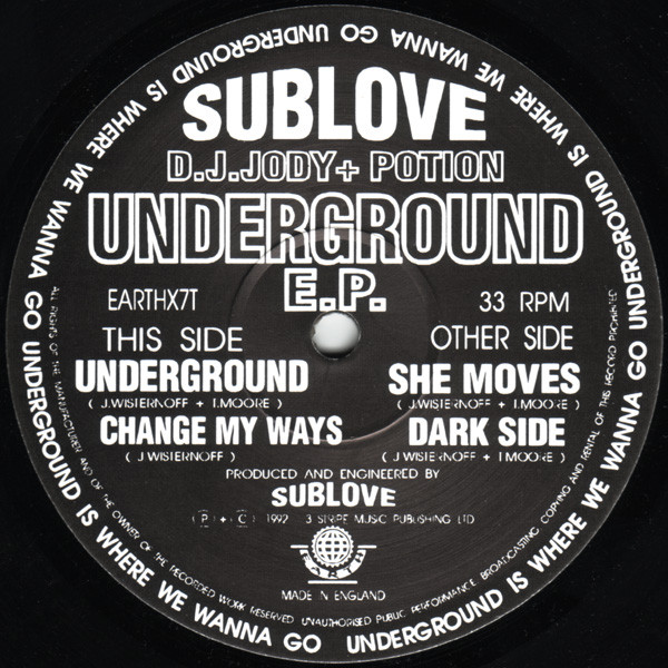 Underground E.P. by Sublove* - 12", EP, UK. 1992. Electronic/Breakbeat, Hardcore, Techno Very Good Plus (VG+) Generic vinyl Nottingham.