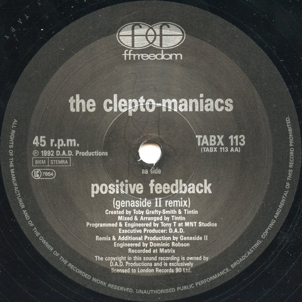Positive Feedback by Cleptomaniacs* - 12", UK. 1992. Electronic/Breakbeat, Hardcore, Techno Very Good (VG) Generic - vinyl For Sale in Nottingham. - 4