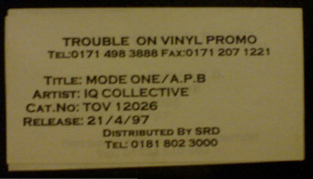 Mode One / A.P.B by IQ Collective - 12", Promo, UK. 1997. Electronic/Drum n Bass Very Good Plus (VG+) Very Good Plus (VG+) - vinyl For Sale in Nottingham. - 2