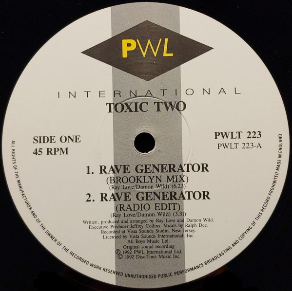 Rave Generator by Toxic Two - 12", Single, UK. 1992. Electronic/Hardcore, Techno, Acid Very Good (VG) Fair (F) - vinyl For Sale in Nottingham. - 3
