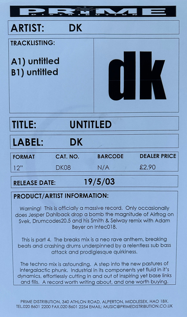 Murder Was The Bass by DK8* - 12", Promo, W/Lbl, Sweden. 2003. Electronic/Breaks, Techno Very Good Plus (VG+) Generic - vinyl For Sale in Nottingham. - 2
