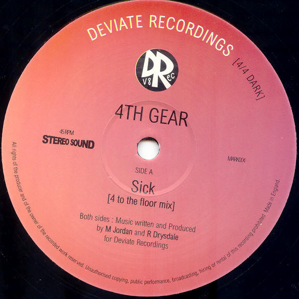 Sick by 4th Gear - 12", UK. 2002. Electronic/UK Garage, Breakbeat Very Good Plus (VG+) Very Good (VG) vinyl Nottingham.