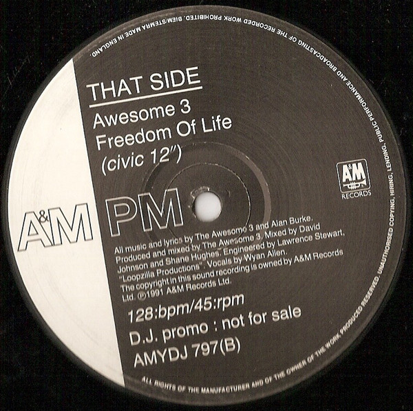 Freedom Of Life by Awesome 3 - 12", Single, Promo, UK. 1991. Electronic/House Very Good Plus (VG+) Very Good Plus (VG+) - vinyl For Sale in Nottingham. - 4