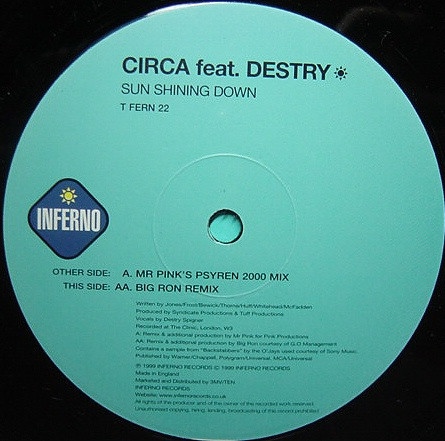 Sun Shining Down by Circa (2) Feat. Destry - 12", UK. 1999. Electronic/House Very Good Plus (VG+) No Cover - vinyl For Sale in Nottingham. - 2