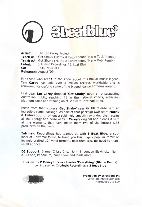 Get Shaky (Matrix & Futurebound Remixes) by The Ian Carey Project - 12", W/Lbl, UK. 2009. Electronic/Drum n Bass Near Mint (NM or M-) Generic - vinyl For Sale in Nottingham. - 2