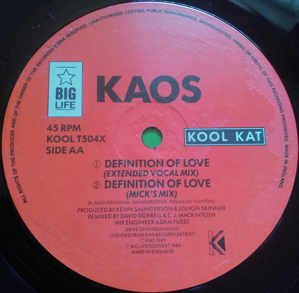 Definition Of Love by Kaos - 12", Promo, UK. 1989. Electronic/House, Techno Very Good (VG) Very Good (VG) - vinyl For Sale in Nottingham. - 4
