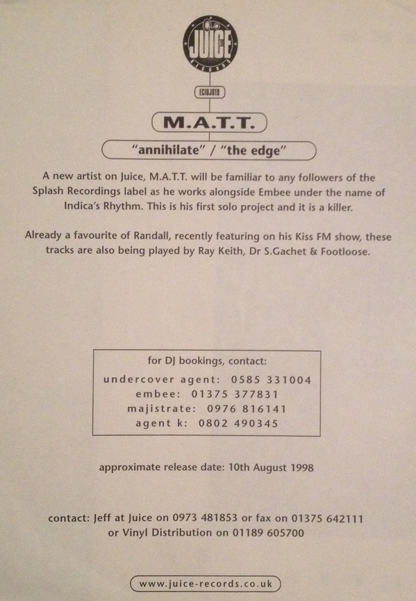 Annihilate / The Edge by M.A.T.T - 12", Promo, UK. 1998. Electronic/Drum n Bass Very Good Plus (VG+) Very Good Plus (VG+) vinyl Nottingham.