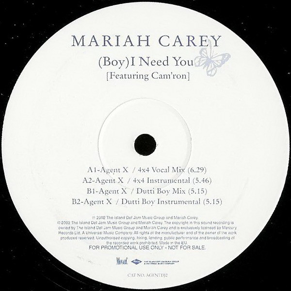 Boy (I Need You) by Mariah Carey - 12", Single, Promo, UK. 2003. Electronic/UK Garage Very Good Plus (VG+) Generic vinyl Nottingham.