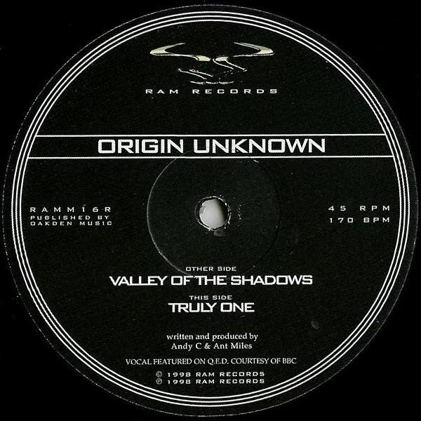 Valley Of The Shadows / Truly One by Origin Unknown - 12", RP, UK. 1998. Electronic/Drum n Bass, Jungle Very Good (VG) Generic vinyl Nottingham.