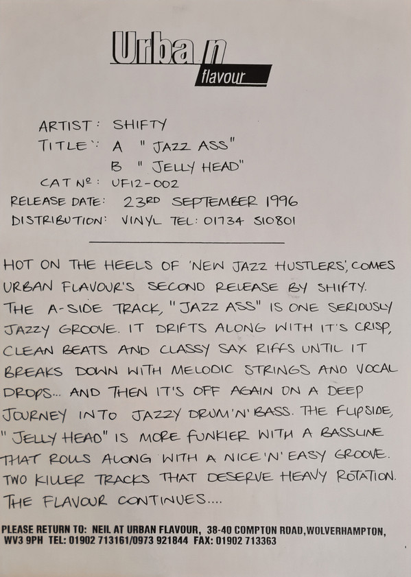 Jazz Ass / Jelly Head by Shifty - 12", Promo, UK. 1996. Electronic/Drum n Bass Very Good Plus (VG+) Generic - vinyl For Sale in Nottingham. - 2
