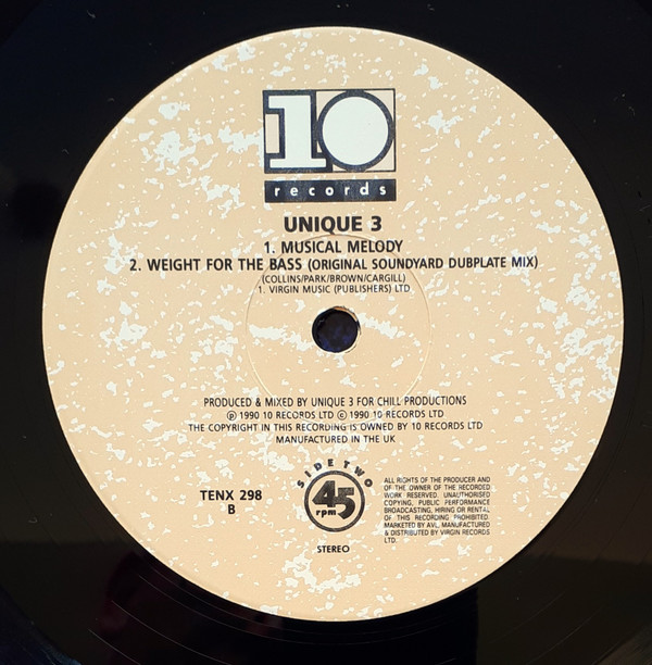 Weight For The Bass / Musical Melody by Unique 3 - 12", UK. 1990. Electronic, Hip Hop/Breakbeat, Techno Very Good Plus (VG+) Very Good (VG) - vinyl For Sale in Nottingham. - 4