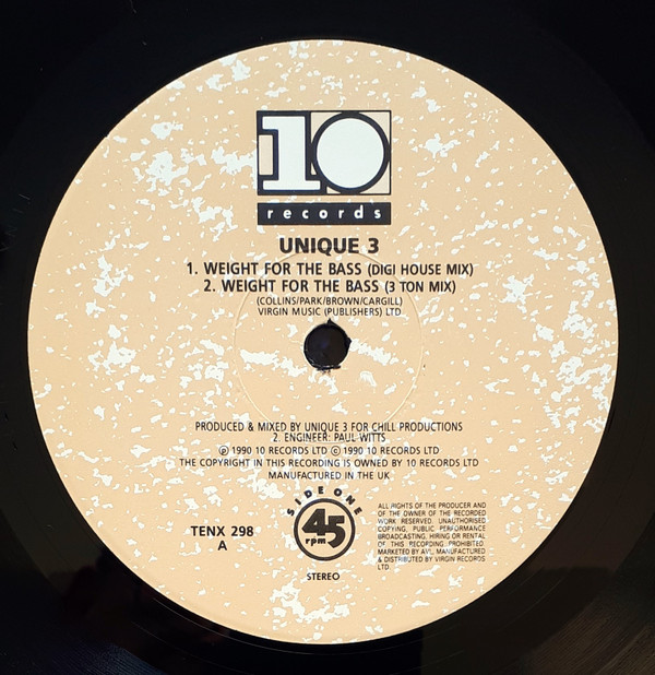 Weight For The Bass / Musical Melody by Unique 3 - 12", UK. 1990. Electronic, Hip Hop/Breakbeat, Techno Very Good Plus (VG+) Very Good (VG) - vinyl For Sale in Nottingham. - 3