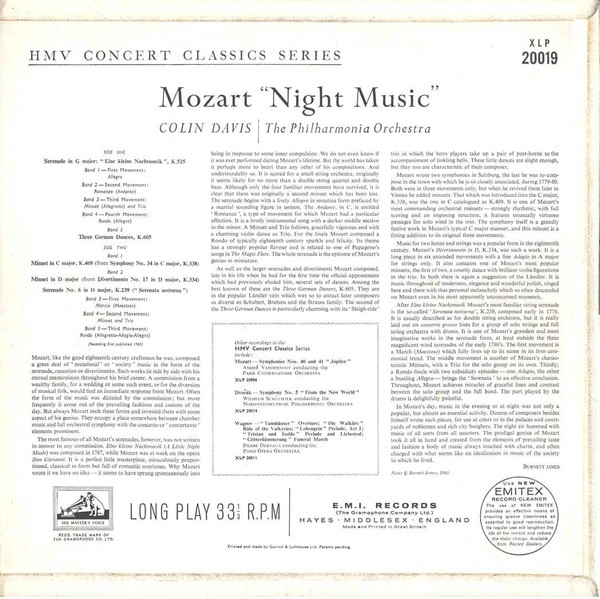 Night Music by Mozart*, Philharmonia Orchestra, Colin Davis* - LP, Mono, RE, UK. 0. Classical/Classical, Serenade, Orchestra Very Good (VG) Good Plus (G+) - vinyl For Sale in Nottingham. - 2