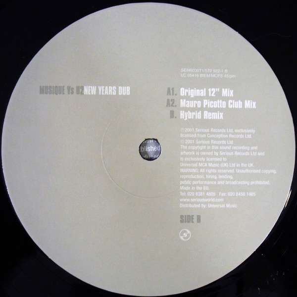New Years Dub by Musique (2) Vs U2 - 12", Europe. 2001. Electronic/Progressive House, Breaks, Techno Very Good Plus (VG+) Good Plus (G+) - vinyl For Sale in Nottingham. - 4